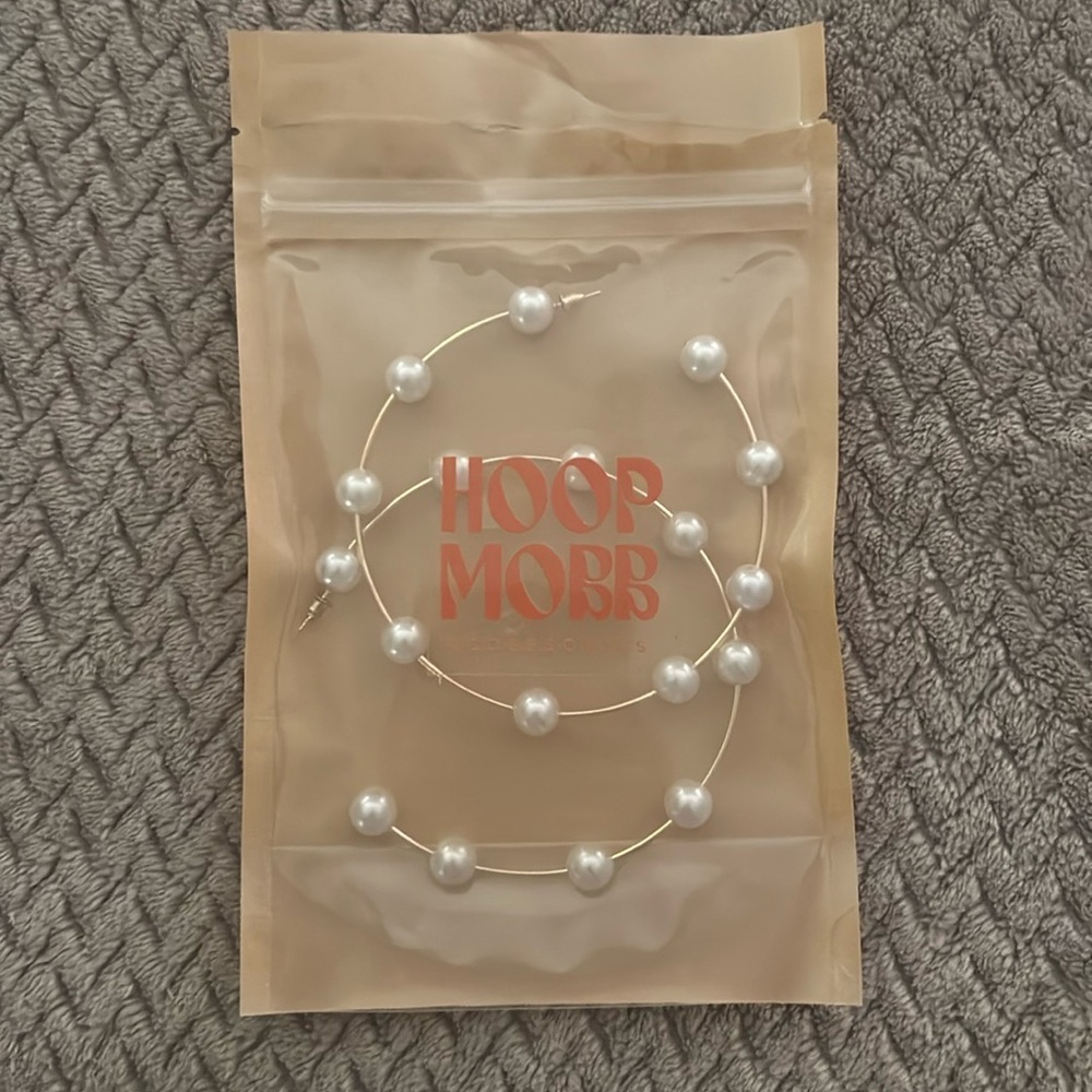 NWT - Large Hoop Gold and Pearl Hoop Earrings